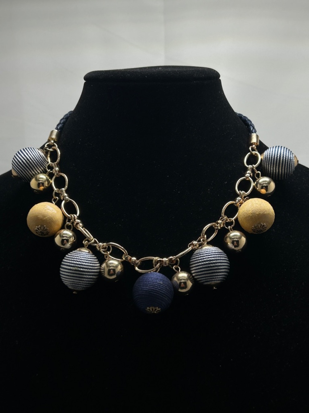 Gold, Wood And Cord Covered Dangly Beaded Necklace, Blue, White, Great Movement
